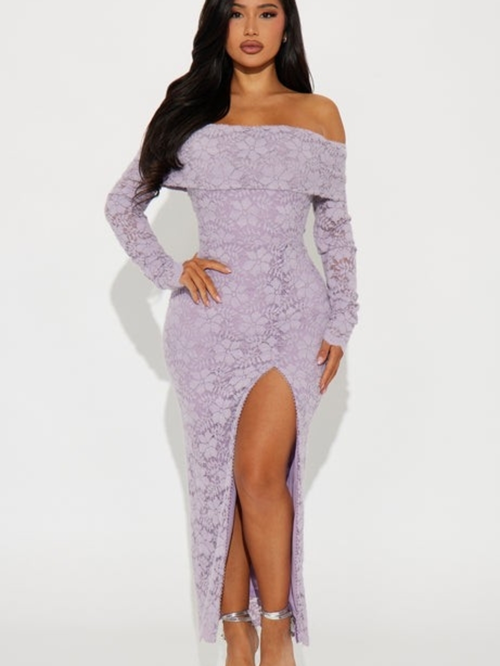 Fashion Nova Lavender Off-Shoulder Lace Maxi Dress with Front Slit